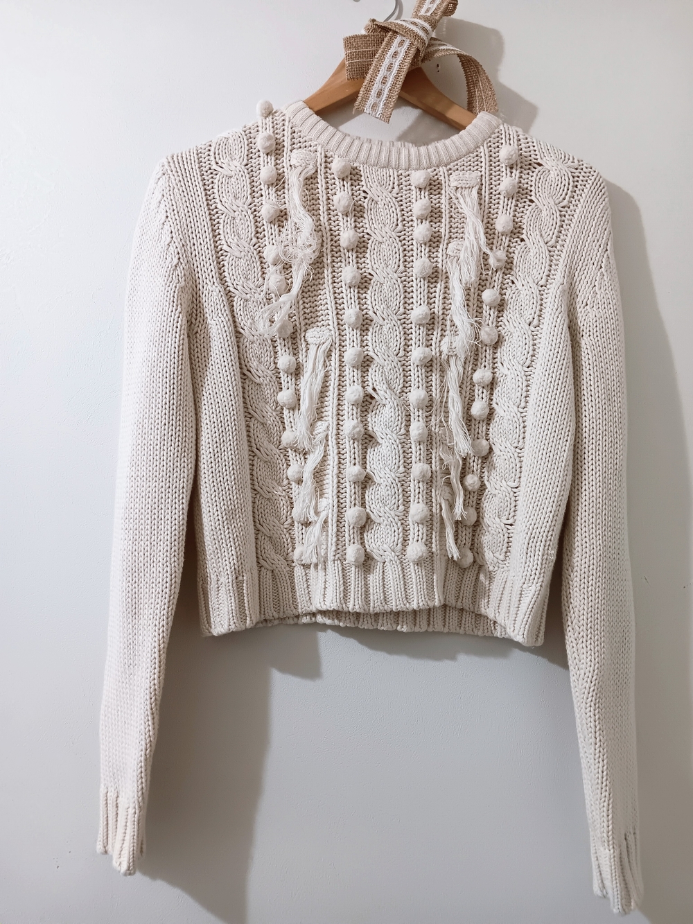 Cleobella HTF Boho Western Ivory Cream Cable Knit Pom Pom Tassel Fringe Sweater
